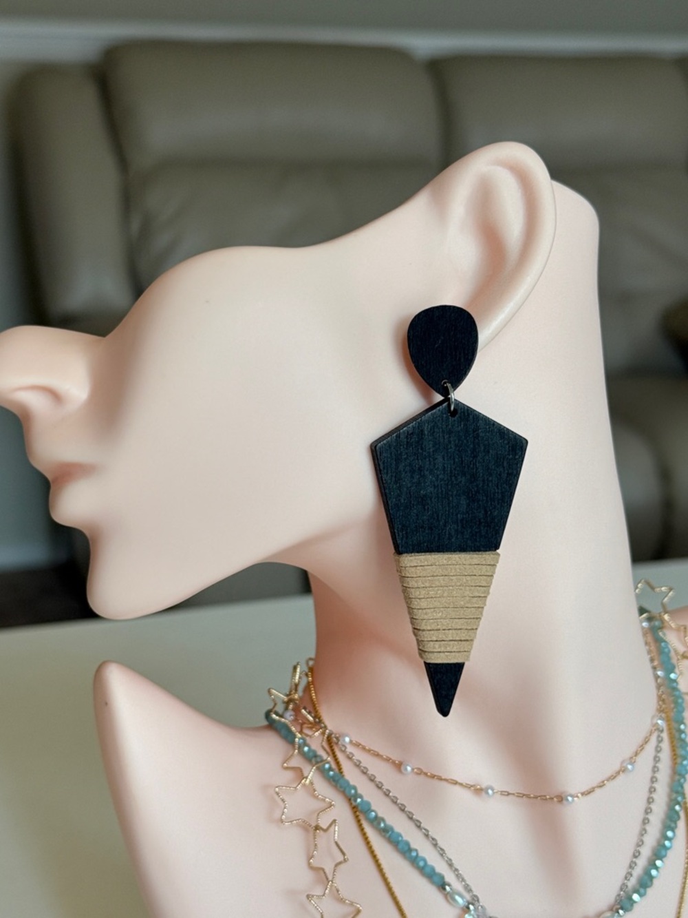 Black and Tan Geometric Drop Earrings